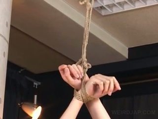 Asia ngandhut babeh in ropes gets susu milked and sucked