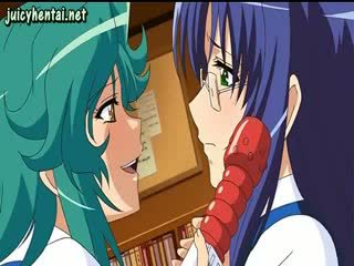 Anime lesbians enjoying a red dildo