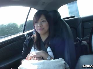 Cute Asian brunette teen fingered after blowing in the car